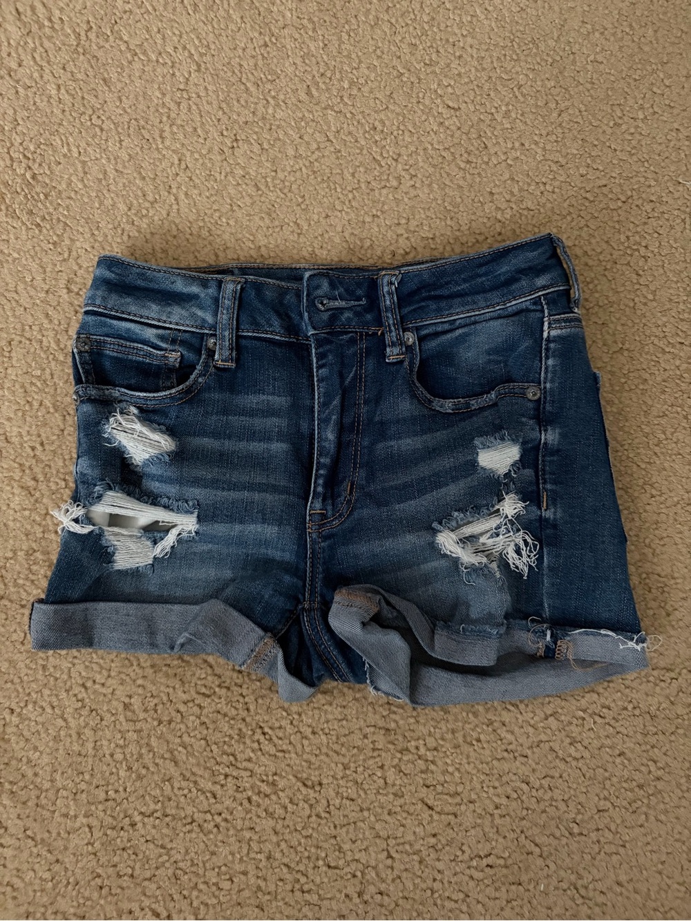 American Eagle Outfitters Dark Blue Distressed Rolled Hem Jean Shorts